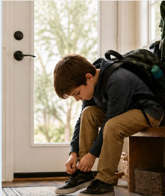 A boy sitting on a bench by the front door, slowly putting on his shoes with his backpack still on.