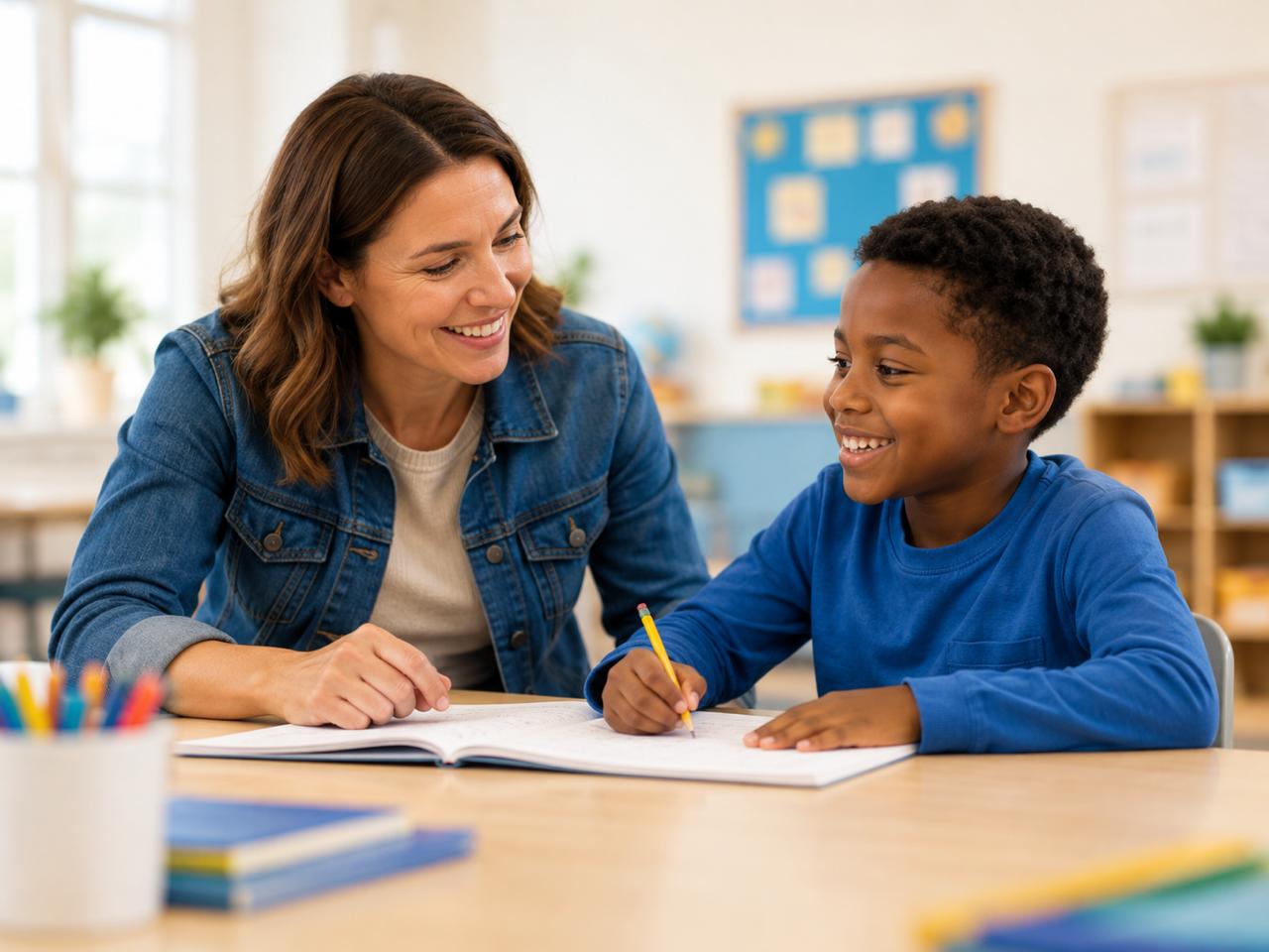 A teacher and student smiling together at a classroom desk.